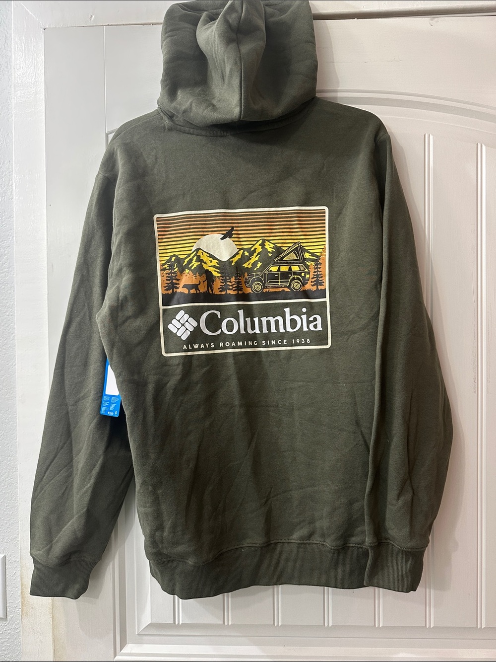 Columbia Olive Green Hoodie with Yellow and Orange Outdoor Graphic